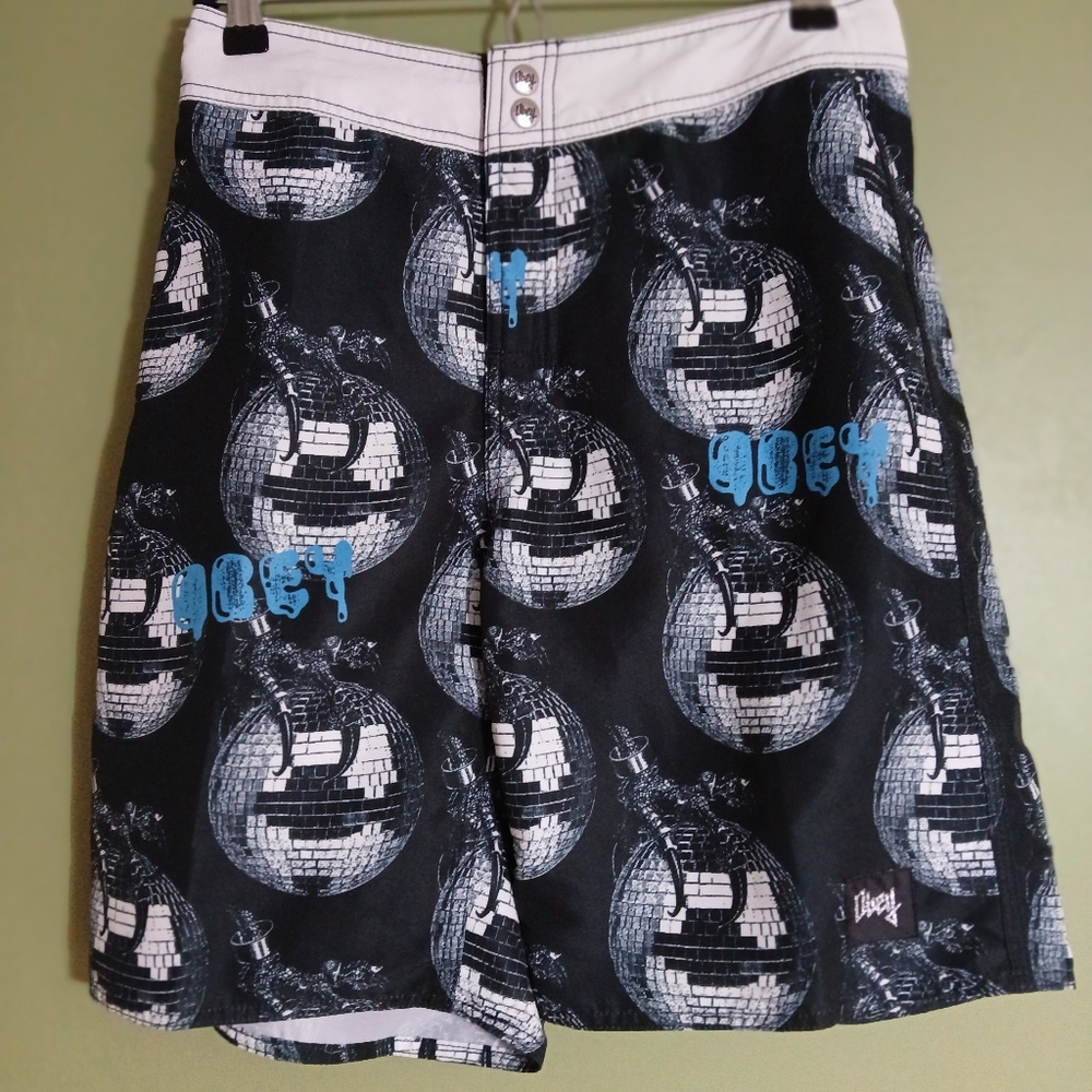 OBEY Board Shorts Mens Freak At Night  Size 28 Swim Trunks Disco  Buckle
